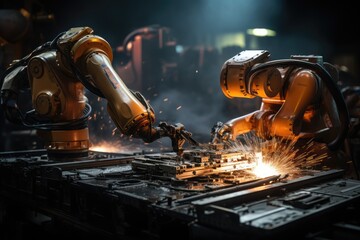Fototapete - Welding robot arms weld the steel product, modern industrial production.