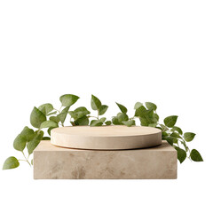 Wall Mural - Front view of a stone podium with green leaves, providing a natural beige background for cosmetic products.