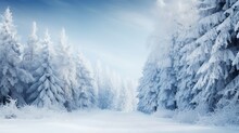 Frosty Winter Landscape In Snowy Forest. Christmas Background With Fir Trees And Blurred Background Of Winter Generative AI