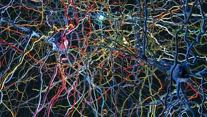 Wall Mural - A neural network with neuronal connections transmitting synapses, neurons or nerve cells - 3d illustration