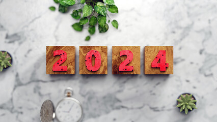 Wall Mural - new year 2024, modern layout 3d rendering on marble background for social media, banner, poster etc