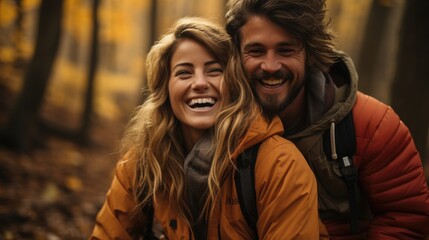 Young couple going on a forest trip on an autumn day