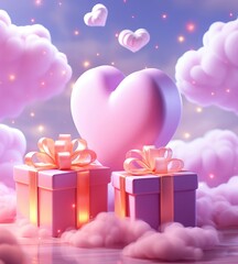 Wall Mural - gift boxes with bow and heart on bokeh background with cloud, 3d style.