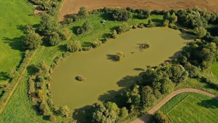 Sticker - Tranquil scene of a green lake in a rural landscape with lush greenery. Aylesbury, UK.