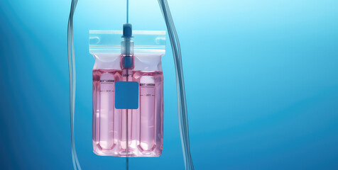 IV infusion saline bag with liquid inside isolated on flat blue background with copy space, minimal medical banner template. 3d render illustration style. 