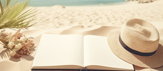 Poster - A blank writing book with summer beach accessories in the background, perfect for writing, is
