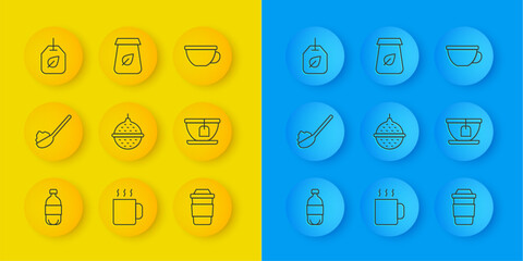 Poster - Set line Bottle of water, Spoon with sugar, Ball tea strainer, Cup, bag, Tea leaf, and packaging icon. Vector