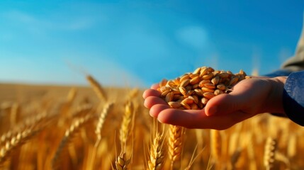 Wall Mural - Wheat in the hands on the background of the field.