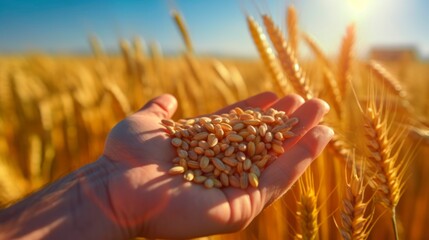 Wall Mural - Close up of male hand holding ripe wheat grains in wheat field.