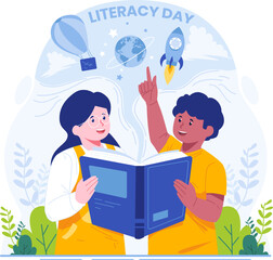 Wall Mural - Happy Literacy Day Illustration. Two Cute Kids Reading an Educational Book. Children's Imagination Concept