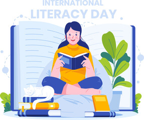 Wall Mural - International Literacy Day Illustration. A Woman Reading Book While Sitting, A Girl with Book. Knowledge, Learning, and Education Concept