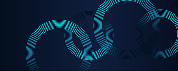 Poster - Abstract waving circles lines pattern round frame colorful blue green light on dark blue background. Modern art design in concept of AI technology, futuristic banner, business cover, digital header