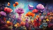 An enchanted garden in a technicolor dreamscape, with oversized flowers and magical creatures