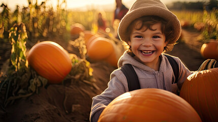 happy child in a pumpkin patch in autumn. halloween seasonal fall. laughing toddler in october. smil