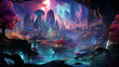 An otherworldly technicolor dreamscape with translucent beings, glowing crystals, and cascading waterfalls of light world