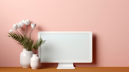 3D Minimal desktop with blank screen mockup, Empty screen for text, and logo replacement concept. 3d render illustration