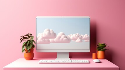3D Minimal desktop with blank screen mockup, Empty screen for text, and logo replacement concept. 3d render illustration