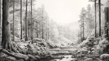 Hand Drawn Illustration Using Pencil Medium Of A Forest With A Small Trail Through It. The Atmosphere Of The Forest During The Day Is Foggy. The Big Trees Are Upright And Tall.