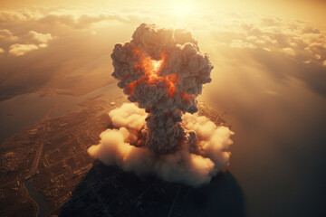 Apocalyptic nuclear blast - town engulfed in mushroom cloud.