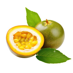 Poster - Half of yellow passion fruit with green leaf isolated on white backround.