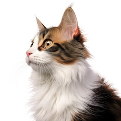 Wall Mural - Adorable cat posing on white backround, gazing at the camera. Studio image. Profile angle.