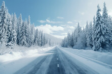 Wide shot of a road fully covered by snow with pine trees on both sides and car traces, aesthetic look