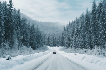 Wall Mural - Wide shot of a road fully covered by snow with pine trees on both sides and car traces, aesthetic look