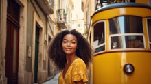 Young Beautiful Woman Posing Next To The Tram On The Streets Of Europe