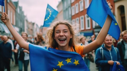 Group of people protesting with European union flag