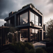 Modern two-story house with big windows and lots of greens. AI generative image