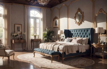 luxury comfortable bedroom with bed, armchair, side tables and mirror with big sunny window, luxurious room interior design.