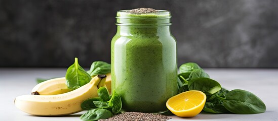 Poster - A glass jar contains a healthy green smoothie made with spinach, banana, lemon, apple, and chia