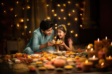 Cheerful Indian brother and sister exchanging gift box during raksha bandhan festival