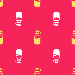 Poster - Yellow Sport bottle with water icon isolated seamless pattern on red background. Vector