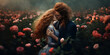 Ginger couple are kissing. Couple hug in beautiful landscape field with roses. Red-hair curly woman and curly man are kissing. Couple from book, very beautiful couple, model couple. AI generative
