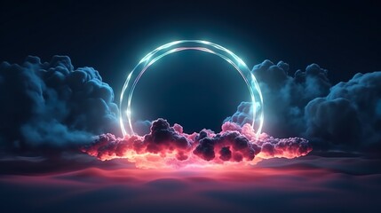 3d render, abstract cloud illuminated with neon light ring on dark night sky. glowing geometric shap