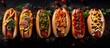 A dark background with various toppings on hot dogs. food background with space for text, seen