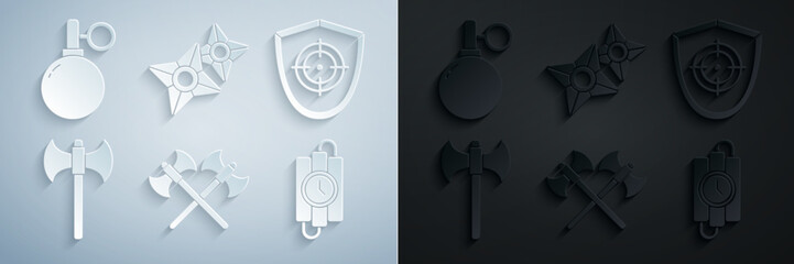 Canvas Print - Set Crossed medieval axes, Target sport, Medieval, dynamite stick and timer clock, Japanese ninja shuriken and Hand grenade icon. Vector