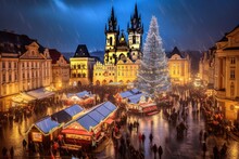 Weihnachtsmarkt Auf Dem Marktplatz In Prag, Tschechische Republik, Generative AI