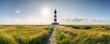 Panorama of the Westerheversand Lighthouse at Westerhever in Nordfriesland in the German state of Schleswig-Holstein, Generative AI