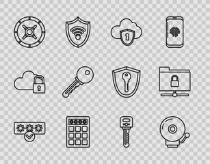 Sticker - Set line Password protection and safety access, Ringing alarm bell, Cloud shield, Safe, Key, and FTP folder lock icon. Vector