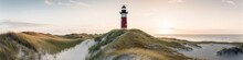 Panoramic View Of A Lighthouse Standing At The Coast Of Sylt, North Sea, Germany, Generative AI