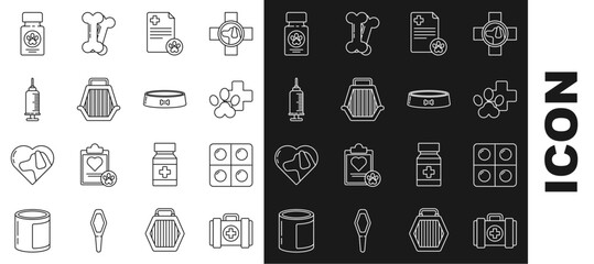 Sticker - Set line Pet first aid kit, Dog and pills, Veterinary clinic symbol, Clipboard with medical clinical record pet, carry case, Syringe vaccine, medicine bottle and food bowl icon. Vector