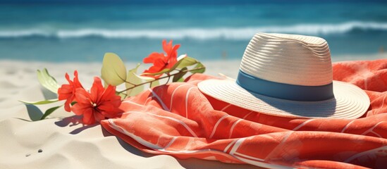 Poster - A sunny beach with red sunglasses, a sunhat, and a rolled beach towel is the perfect spot for