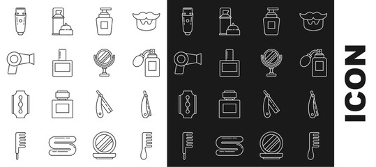 Sticker - Set line Hairbrush, Straight razor, Aftershave bottle with atomizer, Bottle of shampoo, dryer, Electrical hair clipper shaver and Round makeup mirror icon. Vector