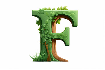 Organic tree font, alphabet letter F with green leaves isolated on white background, creative uppercase abc for nature and ecology concepts. Generative AI. 