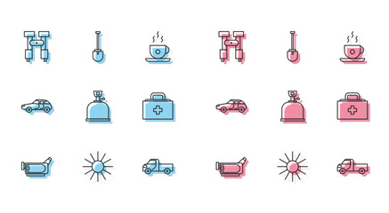 Sticker - Set line Cinema camera, Sun, Binoculars, Pickup truck, Camping gas stove, First aid kit, Car and Shovel icon. Vector