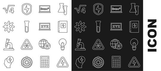 Canvas Print - Set line High voltage, Light bulb with concept of idea, Electrical panel, Equation solution, Test tube and flask, Virus, Square root 4 glyph and XYZ Coordinate system icon. Vector