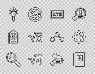 Poster - Set line Magnifying glass, Electrical panel, XYZ Coordinate system, Square root of 4 glyph, Test tube and flask, x, and Virus icon. Vector