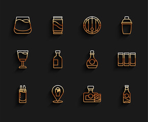 Sticker - Set line Cocktail Bloody Mary, Alcohol or beer bar location, Glass of whiskey, Whiskey bottle and glass, Beer, vodka, Shot and Bottle cognac brandy icon. Vector